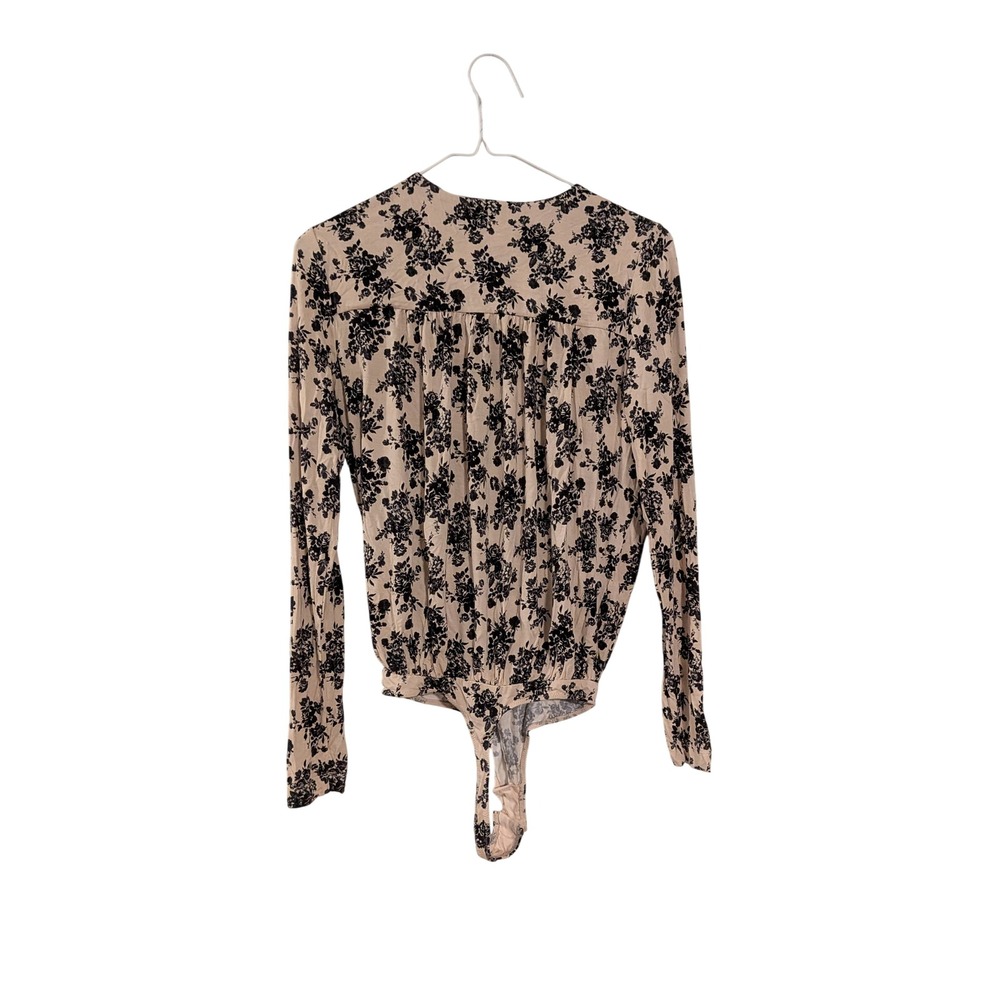 Free People Bodysuit Womens Small Beige Black Floral Long Sleeve Wrap Front - Picture 2 of 5